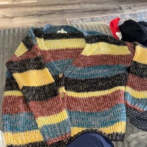 Buckle Multicolor Striped Knit Cardigan - Yellow, Teal, Rust, Black